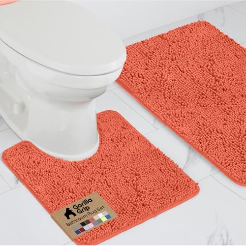 GORILLA GRIP Bathroom Rug Sets, Soft Chenille 2 Piece Area Rugs Set, Toilet Base Mat and 30x20 Carpet, Absorbent Microfiber Washable Mats Dry Quickly, Home Décor and Bath Room Accessories, Coral - color: Coral, style: 30"x20" + Oval 24"x19.5" - 2 Pack
