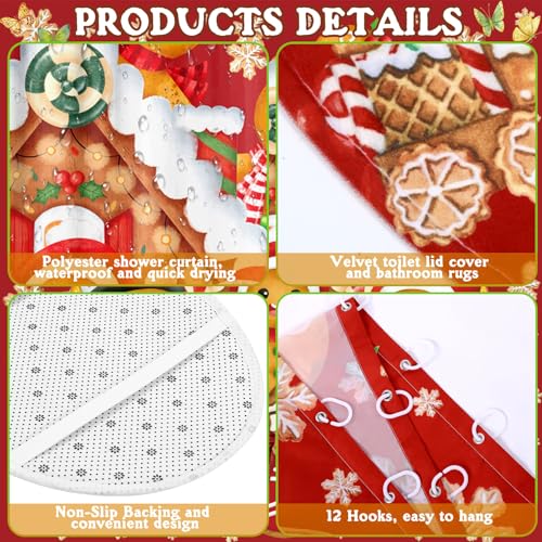 FuWeave 8 Pcs Christmas Shower Curtain Set Xmas Santa Bathroom Decoration Christmas Tree Hand Towels Snowman Toilet Lid Cover Bathroom Rugs Xmas Shower Curtain with Hooks(Gingerbread Man) - color: Gingerbread Man