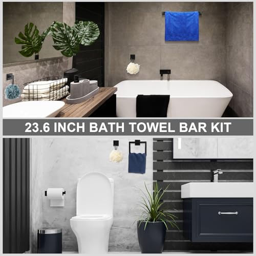 Gisafai 10 Pcs Black Bathroom Hardware Accessories Set 23.6 Inch Bath Towel Bar Kit Stainless Steel Bathroom Hardware Set Towel Racks Ring Robe Hooks Paper Holder for Wall Mounted - color: Black
