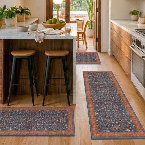 JTJ Farmhouse Kitchen Rug Set of 3 with Runner, Washable Non-Slip Low Pile Kitchen Mats, Navy Blue Vintage Distressed Floor Rugs for Sink, Laundry Room, Entryway & Hallway - color: Blue / Terracotta