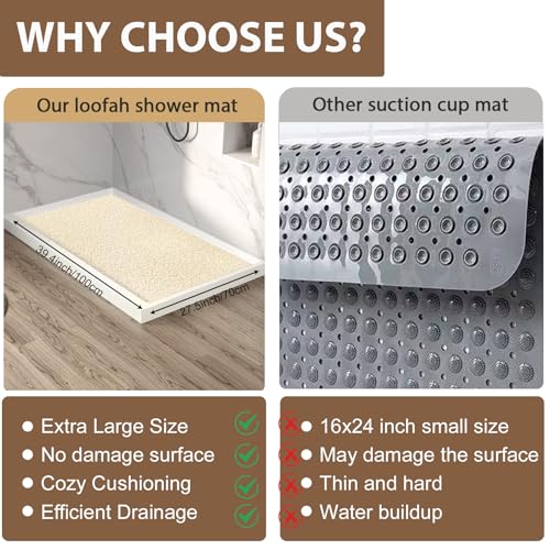 Shower Mat Non Slip: 39.4 x 27.5 Inch Extra Large Shower Mats for Inside Shower with Drain Hole - Soft PVC Loofah Anti Slip Shower Stall Mat for Walk-in Shower and Bathroom, Quick Drying - color: Khaki, size: 39.4" x 27.5" (Rectangular)