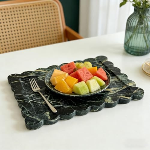 Real Natural Green Marble Tray, Luxury Scalloped Marble Tray, Decorative Rectangle Marble Tray for Vanity Bathroom Kitchen Coffee Table Jewelry Perfume Home Decor - color: Verde Guatemala