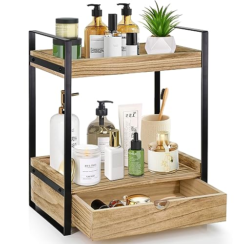 Ukonvi 2-Tier Bathroom Organizer Countertop with Drawer, Wood Counter Shelf for Storage, Vanity Tray for Organization and Decor, Countertop Organizer for Bathroom, Kitchen, Office (Brown) - color: Brown