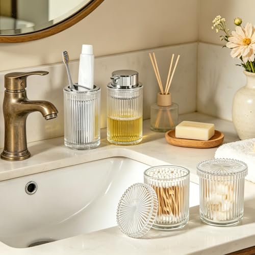 4pcs Glass Bathroom Accessories Set, Foaming Soap Dispenser, Toothbrush Holder and Cotton Swab Jar for Bathroom Counter Organizer Essentials, Vintage Ribbed Bathroom Decor, Clear - color: Clear and Silver