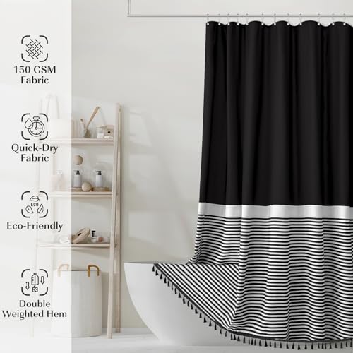 Seasonwood 84 Inch Shower Curtain Black Shower Curtains White Striped with Black Tassels Modern Farmhouse Waterproof Cloth Shower Curtain Set - color: Black, size: 72"W x 84"L (Pack of 1)