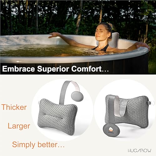 Large Pillow for Hot Tub (Grey), Spa, and Chaise Lounge - Universal Headrest & Neck Support Cushion, Adjustable Height with Long Strap, Easy Drying with Hook (1-Pack)
