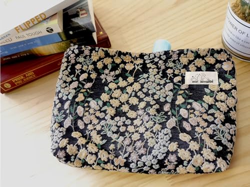 HAPPYHEIDI Women Aesthetic Makeup Bag With Compartment Accessory Zipper Pouch for Cosmetics Travel, Purse Organizer, Embroidery Lucky Flowers Black - color: 001 Black Teabreak Little Flowers Embroidery