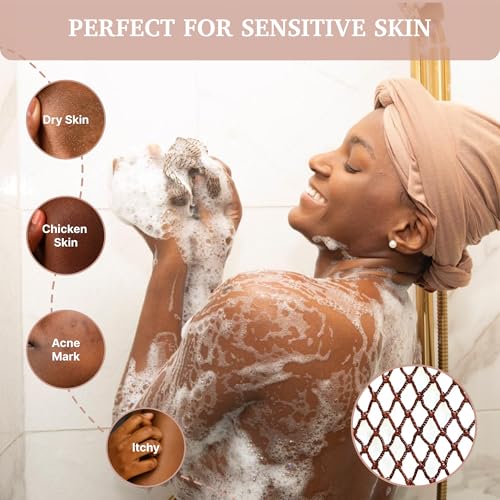 MOTHER AFRICA African Net Sponge Authentic with Knots 2 Pack Black Owned Exfoliating Body Scrubber Bath Sponge for Shower Washcloth Loofah Gentle Deep Cleansing Back Scrubber Face & Body Men & Woman - color: Dark Brown & Linen Tan