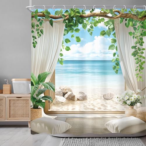 Newsely Ocean Beach Shower Curtain 72Wx72L Inch Beachy Blue Sea Coastal Summer Tropical Hawaii Nature Leaves Plant Bathroom Set Landscape Modern Chic Waterproof Bath Decoration Accessories Home Decor - color: B-01beach, size: 72"W x 72"L (Pack of 1)