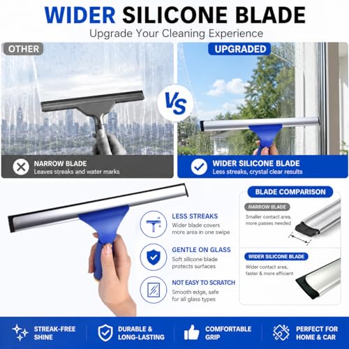 ITTAR Window Squeegee Cleaning Kit with 60" Extension Pole, Rotatable Glass Cleaner Tool 12" Rubber Blade & 2 Microfiber Pads, Window Washing Equipment for High Windows, Shower Doors, Car Windshield