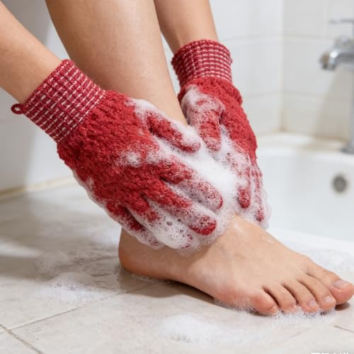 Exfoliating Bath Gloves 2 Pairs - Heavy Texture Body Scrub Gloves for Shower, Spa, Massage and Body Scrubs, Dead Skin Remover, Washing Gloves with Hanging Loop(Red) - color: Red