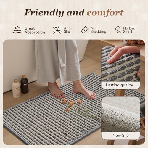AMOAMI Unique Woven Bath Mat, Super Absorbent Non Slip Bath Mats for Bathroom Floor Textured Bathroom Mat Quick Dry Washable Boho Thin Bathroom Rugs for Beside Tub, 17" x 24", Grey - color: Grey, size: 17" x 24"