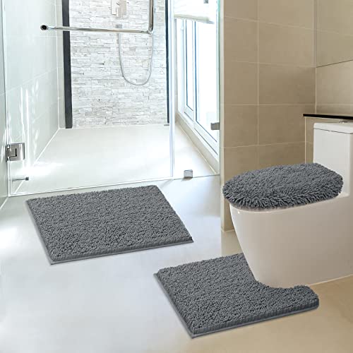 TREETONE Machine Washable Water Absorbent Bath Mat Bathroom Rugs Non Slip Soft Microfiber Mat (Set of 3-Medium 20" x 32"/Contour/Lid Cover, Gray) - color: Grey, size: Set of 3-Medium 20" x 30"/Contour/Lid Cover