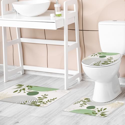 Riyidecor Boho Light Green 4Pcs Bathroom Shower Curtain Sets Mid Century Modern Minimalist Abstract Bathroom Decor Set with Rugs and Accessories Leaf Toilet Lid Rug, Contour and Bath Mat with 12 Hooks - color: 04light Green