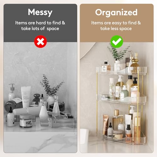 Lifewit 3-Tier Corner Bathroom Counter Organizer, Plastic Makeup Skincare Organizers Storage Countertop, Large Sink Cosmetic Perfume Shelf for Bedroom, Dresser, Kitchen, Vanity, Clear, 39 cm/15inch(H) - color: Clear, size: 3 Tier