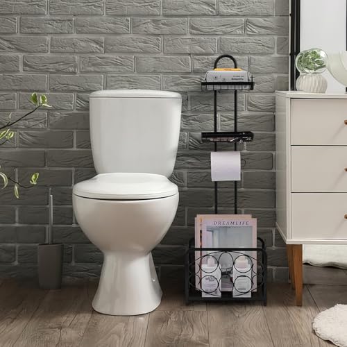 Oasis Creations Toilet Paper Holder Tissue Rack Stand with Magazine Toilet Roll Storage Basket- Freestanding, Black Metal - color: Black