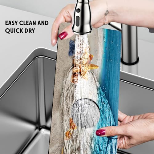 WIRESTER Super Absorbent, Fast Drying Kitchen Sink Splash Guard Faucet Mat, Sink Mat Behind Faucet Drip Catcher, Sink Gadget for Kitchen, Bathroom (15 x 5.5 Inch) - Seashells On The Beach - color: Seashells On The Beach