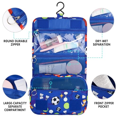 Kids Hanging Toiletry Bag for Boys, Travel Toiletry Bag for Little Young Boys Waterproof Wash Bag Toddler Traveling Toiletries, Soccer Balls Blue - color: Blue-Soccer Balls