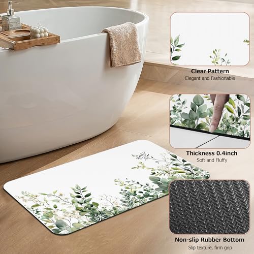 Non Slip Bath Mat, Watercolor Eucalyptus Leaves Bathroom Decor, Green Branches Diatomaceous Bath Mat Quick Dry Absorbent Bathroom Rugs-Shower Rug for Kitchen Laundry Bathtub Shower 17"x29.5" - color: Watercolor Eucalyptus Leaves, Green Branches