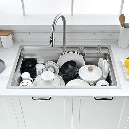 33 Inch Drop In Kitchen Sink with Waterfall Faucet Combo - VOKIM 33x22-Inch Drop In Sink Workstation Stainless Steel 16 Gauge Single Bowl Kitchen Sinks with Cutting Board - color: Stainless Steel （Waterfall）, size: 33"L x 22"W x 10"D