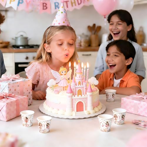 WRAPAHOLIC 3oz Fairy Birthday Paper Cups - 100 Pack Disposable Bathroom Cups with Flower Fairy Castle Design, Small Mouthwash Cup for Toothbrush Rinse, Home Bathroom and Baby Girls Shower - color: Pink Fairy