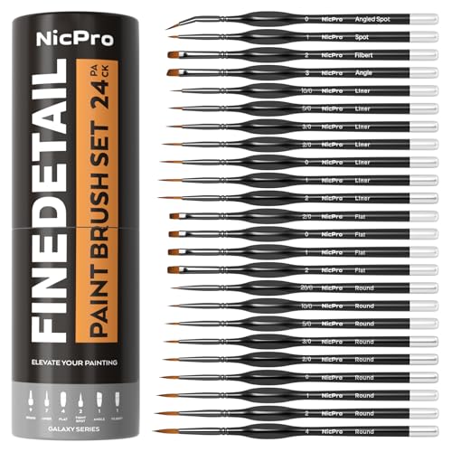 Nicpro 24 PCS Miniature Paint Brushes, Fine Tip Micro Model Detail Paint Brush Set for Acrylic Watercolor Oil, Paint by Number, Models, Miniatures, Craft, Rock Painting - with Container - style: 24 Pack (Detail)
