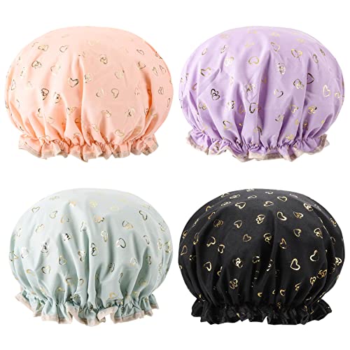 Tbestmax 4 Pcs Shower Caps Hat for Women and Girl, Reusable Waterproof Bath Cap Double Waterproof Layers - color: 4 Pack - Heart