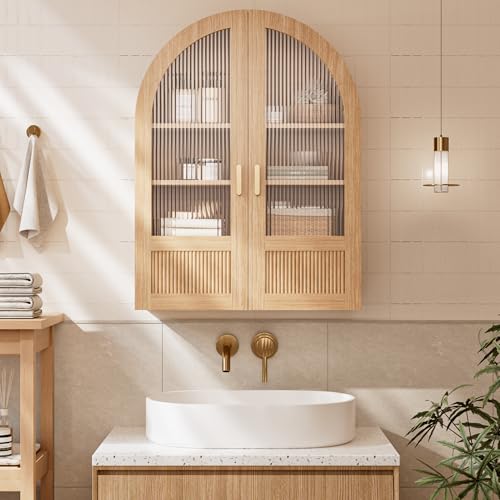 INNOD 4-Tier Arched Bathroom Wall Cabinet with Adjustable Wood Shelves, Over the Toilet Storage Cabinet with Acrylic Doors, Medicine Cabinet for Laundry Room & Living Room Kitchen (Natural Oak)