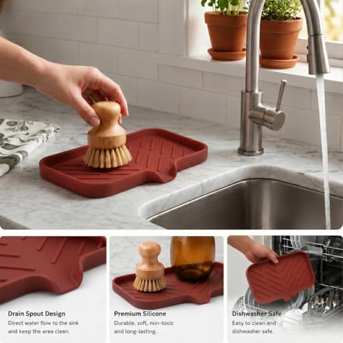 MicoYang Silicone Soap Dish with Drain Spout — Self-Draining Sink Organizer Tray for Bathroom & Kitchen, Sponges, Dispensers & Soap Holder, Non-Slip & Dishwasher Safe, Red (Medium, 9.6"×5.3") - color: Red, size: M(9.6"×5.3")