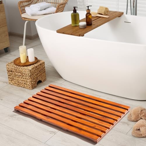 Teak Bath Mat 32"x18" Extra Large - Solid Wood Shower Mat for Bathroom, Spa & Outdoor Use - Non-Slip Fast-Drying Design - Natural Teak Wood - Wide Slat Floor Mat for Tub & Pool - size: 32" x 18" (Rectangular)