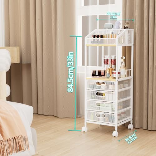HapiRm Rolling Cart Makeup Organizer - Metal Makeup Cart with Wheels and Drawers for Small Spaces & Messy Vanities, Space-Saving Beauty Cosmetics Cart Storage Cabinet Stand for Perfume Hair Tools - color: Natural