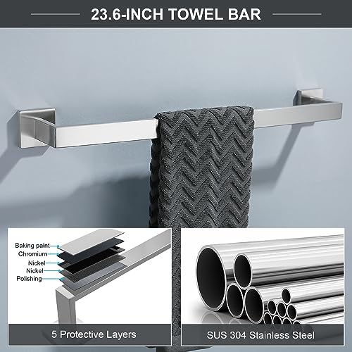 TQKAG 6-Piece Bathroom Towel Bar Sets Brushed Nickel 23.6 inch Towel Bar Stainless Steel Towel Ring Coat Hook and Toilet Paper Holder Bathroom Hardware Set Wall Mounted Bathroom Accessories Kit - color: Brushed Nickel, size: 6-Pieces Set-A
