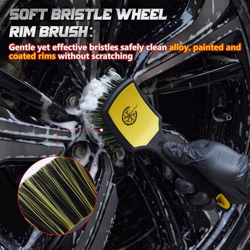 BMLEI Wheel & Tire Brush Set, 2 Pack Car Wheel Brush & Tire Cleaner Brushes, Soft Bristle Rim Brush and Stiff Tire Scrub Brush, Scratch-Free Wheel Cleaning Kit for Car Detailing, Trucks, SUVs - color: Yellow&black