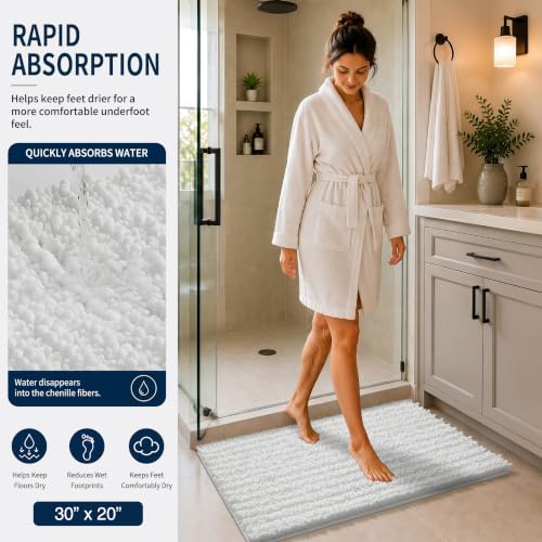 Yimobra Bathroom Rug Set 3 Piece - Super Absorbent Quick Dry Chenille Bath Mats & Toilet Rug, Non Slip Machine Washable, Extra Thick Shaggy Floor Mat for Shower Tub Sink, White - color: White, size: 24"x17" + 24"x20" + 30"x20"