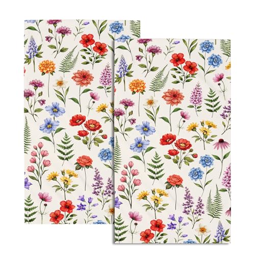 Floral Leaf Hand Towels of Bathroom Absorbent 14.4x28.3 Inch Set of 2 | Colorful Wildflower，Polyester Cotton，Soft，Breathable，for Spring Summer Holiday Kitchen Hotel Swimming Gym Spa Decor - color: Spring Colorful