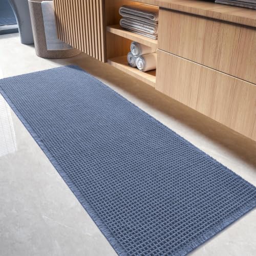 tchdio Waffle Bath Mat-Runner Rug, Super Absorbent Non Slip Bath Mats for Bathroom Machine Washable Long Rugs with Tassels, Bath Rugs for Bathroom Floor Beside Tub, 2' x 6'(24" x 72"), Blue - color: Blue, size: 2' x 6' (Rectangular)