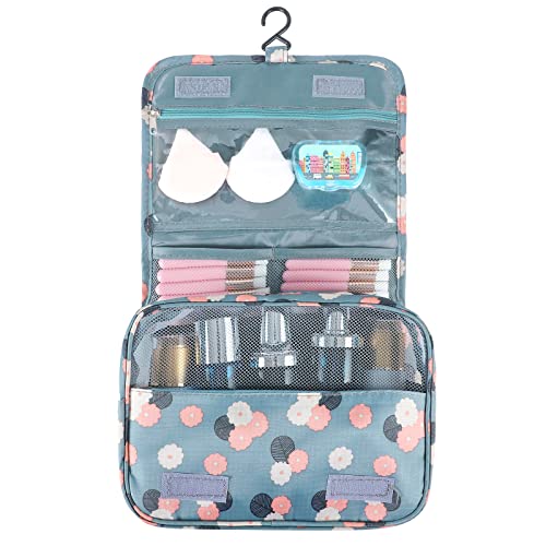 Hanging Toiletry Bag for Women, Portable Cosmetic Summer Beach Bag, Floral | 4 compartments, hanging hook, blue travel makeup bag, waterproof nylon, fold-out design, white pink floral, 9.4x6.8 in folded - color: Blue