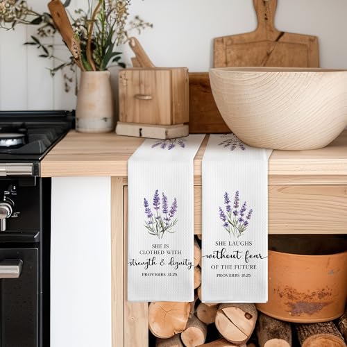 Christian Floral Kitchen Towels, Proverbs 31 Bible Verse Lavender Flower Kitchen Towel Decorative Set, Proverbs 31 Woman Gifts, Religious Floral Hand Dish Tea Towels for Bathroom Decor - color: Bible Floral-3