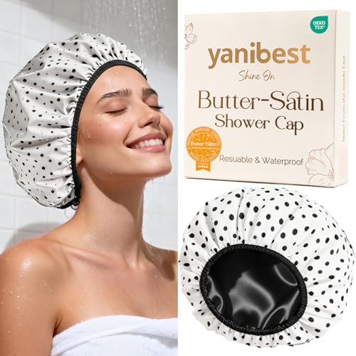Yanibest Shower Cap for Women - Frizz Free Satin Lined Shower Cap Waterproof Large Double Layer Reusable with Soft Elastic Band for Braids Long Hair - color: White