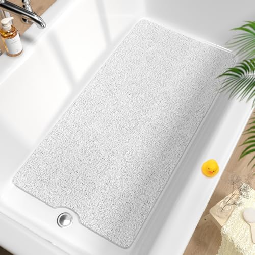 HITSLAM Non Slip Bathtub Mat 40 x 20 Inch, Extra Long Bath Mat for Tub, Soft PVC Loofah Shower Floor Mat with Drain, Quick Drying Bathroom Tub Mat for Wet Area, Without Suction Cup, White - color: White, size: 40" x 20" (Rectangular)
