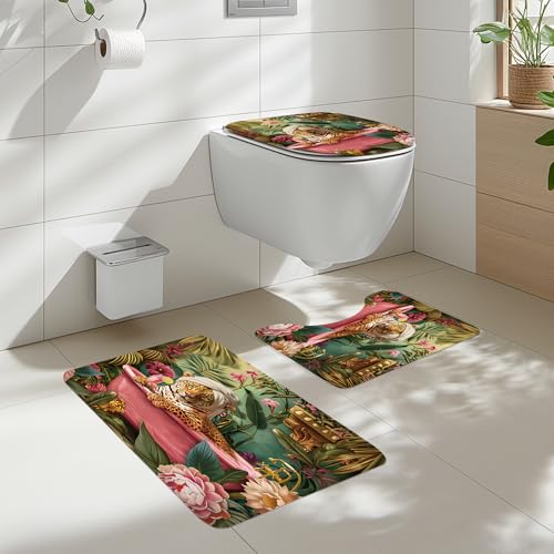 4Pcs Leopard Cheetah Shower Curtain Set, Hot Pink Wildlife in Bathtub Vintage Jungle Animal Tropical Bathroom Curtain with Rug, Toilet Lid Cover, Bath Mat, Retro Shower Curtain with 12 Hooks - color: A-01pink Green
