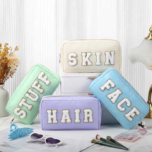 Preppy Makeup Bags Chenille Letter Stuff Bag Nylon Cosmetic Pouch Cases with Zipper for Women Travel Toiletry(Soft Pastel,Classic,4 Pcs) - color: Soft Pastel, size: Classic