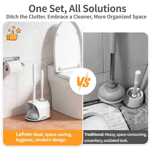Lefree, 2 in 1 Toilet Brush and Plunger Set with Silicone Bristles, Plastic Material, Includes Holder, White/Black, for Deep Cleaning - color: A-white, size: 2 Pack