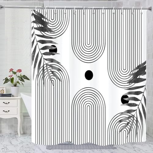 Boho Mid Century Modern Shower Curtain, Abstract Arch Leaf Minimalist Sun Black and White Machine Washable Waterproof Fabric for Bathroom Bathtub with Hooks 60Wx72H - color: Black and White Boho Leaves, size: 60"W x 72"L (Pack of 1)