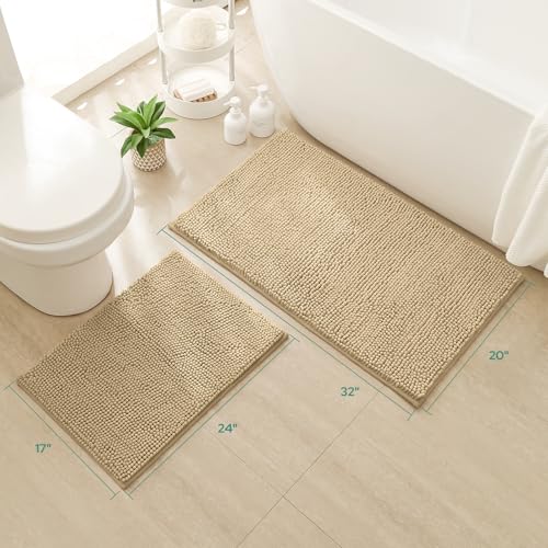 HOMEIDEAS 2 Pieces Bathroom Rugs, Non Slip Absorbent Chenille Toilet Bath Mat Set (Beige) - color: Beige-beige, size: 1'5" x 2'8" (Rectangular 20"x32"+17"x24")