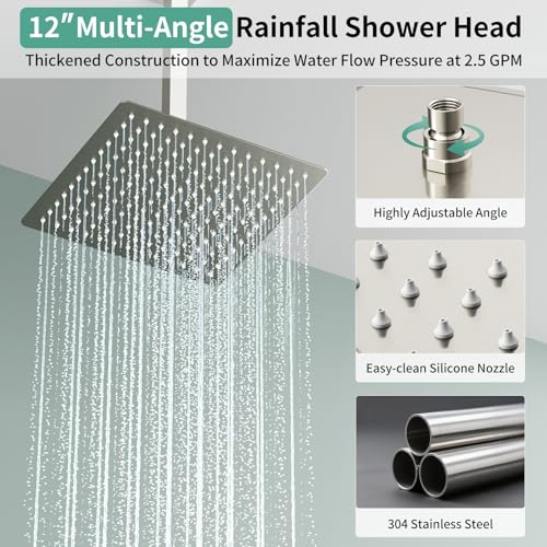 Shower Faucet Set Shower System - SR SUN RISE Brushed Nickel Shower Trim Kit with Dual Shower Head, 12'' Ceiling Rainfall 6'' Wall Mount with Handheld Shower for Couples, Complete 6 Diverter Valve - color: Nickel, size: 12 Inch