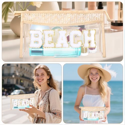 Boho Patch Cosmetic Bag with Zipper, Chenille Varsity Letter Makeup Bag, Clear Travel Pouch, Multi-purpose Small Toiletry Bag for Women Girls (Beach) - style: Beach