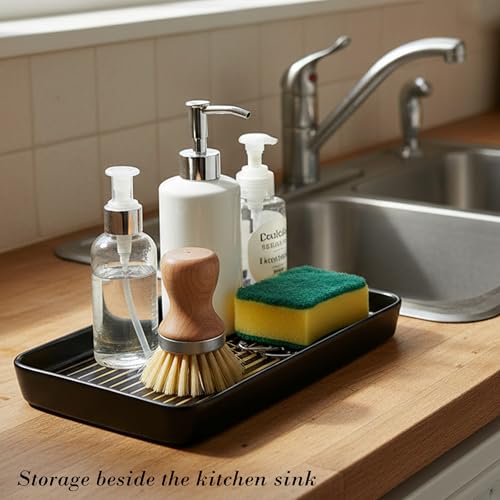10"×6"×1" Black Bathroom Vanity Tray for Countertop- Ceramic Decorative Organizer Tray for Dresser Tops, Toilet, Perfume, Sponge Holder Soap Dish Dispenser for Kitchen Counter- Golden Stripes - color: Black Color With Golden Stripes-1 Pc