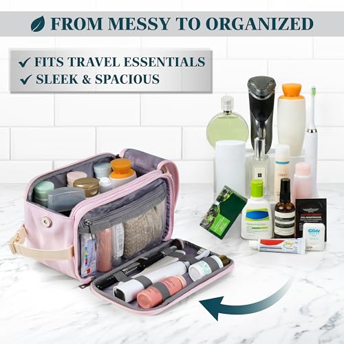 PAVILIA Toiletry Bag for Women, Canvas Dopp Kit, Travel Essentials Organizer, Water-Resistant Shaving, Grooming Kit, Large Hanging Bathroom Accessories Cosmetic Bag, Pink - color: Pink, size: Large (10.5x 5.5x 6)