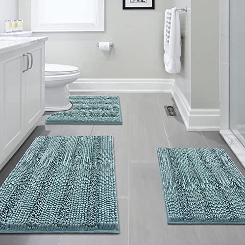 H.VERSAILTEX 3 Piece Bathroom Rugs Sets Thick Striped Bath Rugs Set for Bathroom Non Slip Soft Absorbent Bath Mat Set for Tub, Shower and Toilet(17''x24''+20''x32''+20''x24'' U-Shaped, Aqua Haze) - color: Aqua Haze